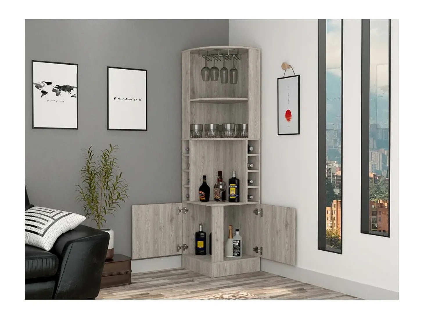 Armário de canto Syrah, com suporte para copos , 180.59 cm X 46.73 cm X 46.73 cm , Cinzento / prateado
