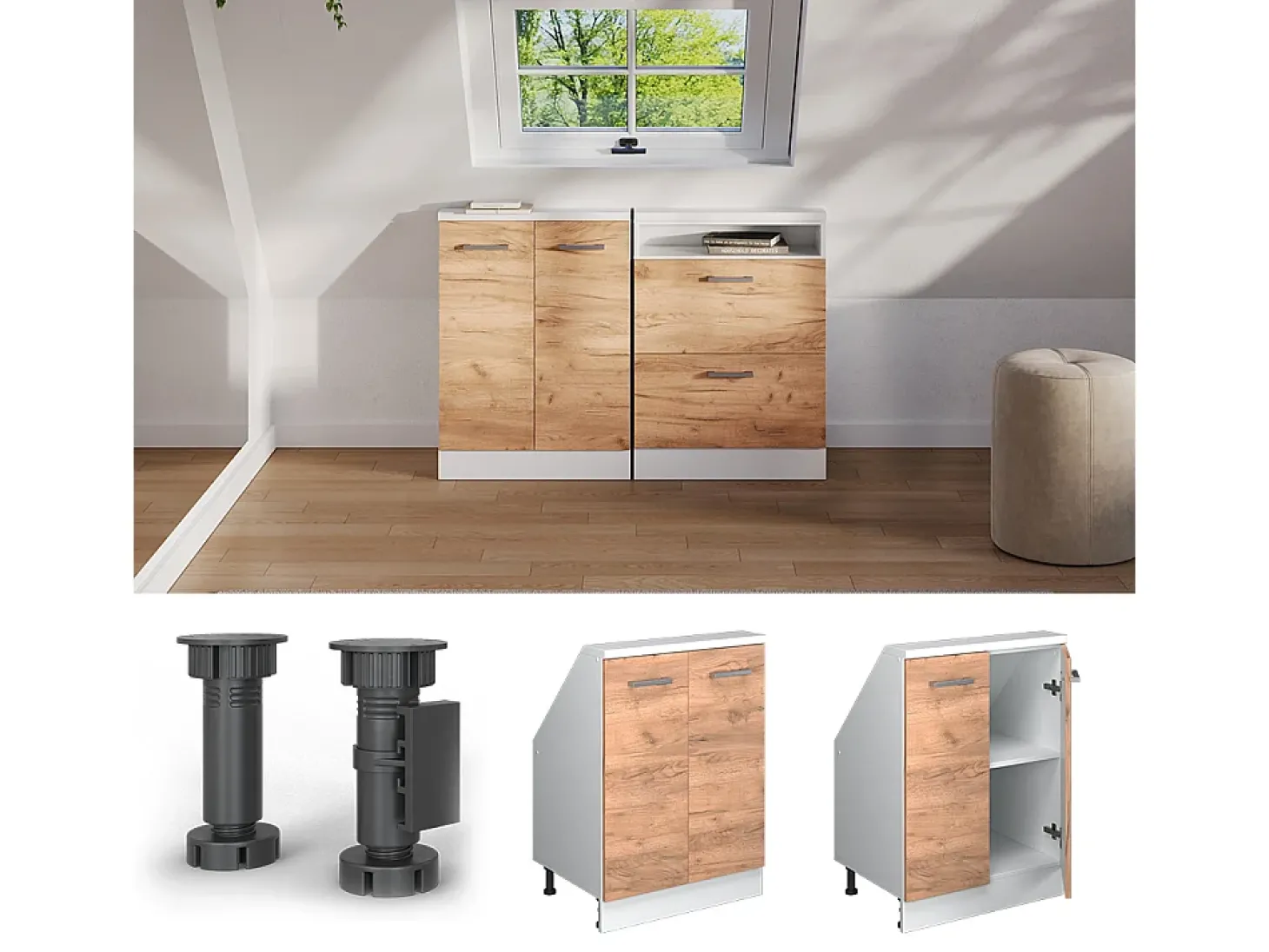Armário de cozinha para sótão inclinado carvalho goldkraft 60x46x81.6 r-line