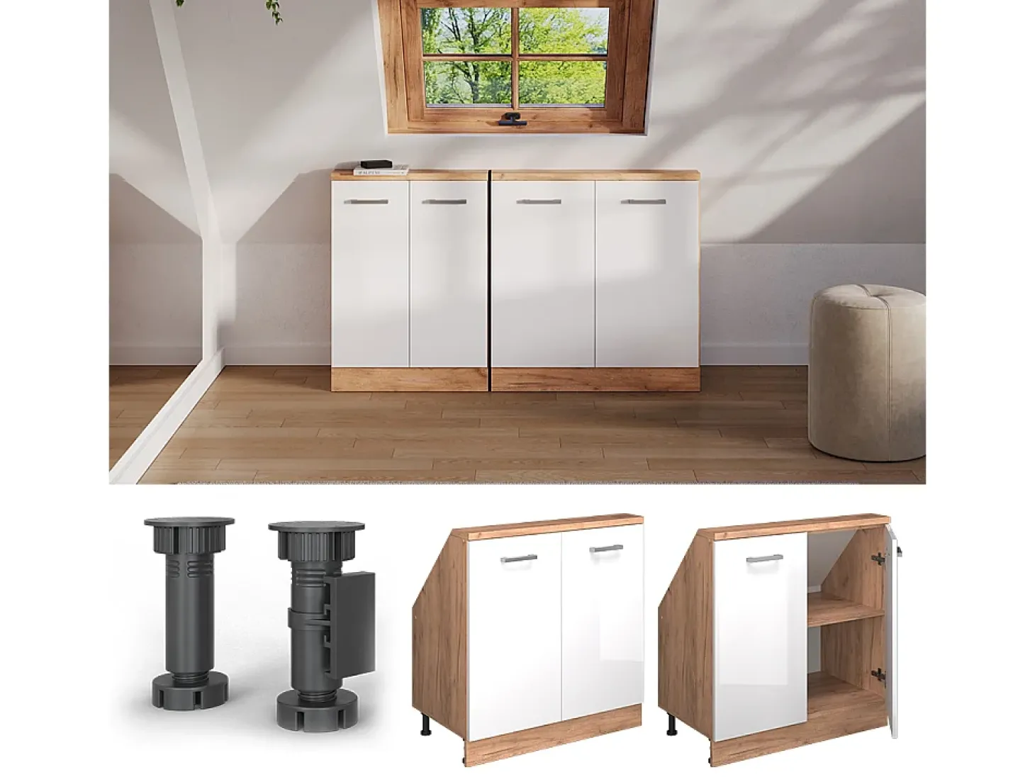 Armário de cozinha para sótão inclinado branco alto brilho 80x46x81.6 r-line