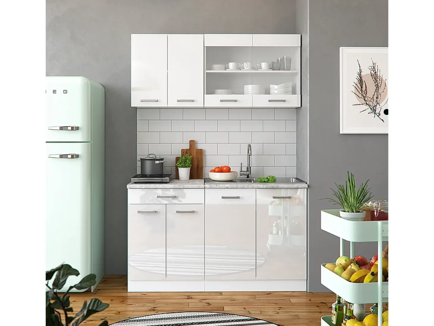 Armário de cozinha para sótão inclinado branco alto brilho 120x46x81.6 r-line
