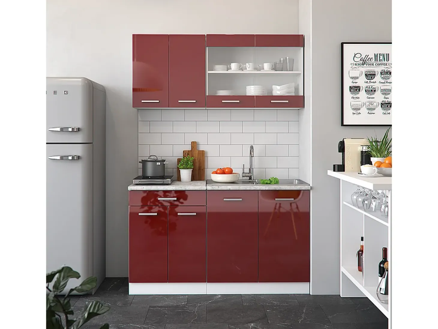 Armário de cozinha para sótão inclinado vermelho brilhante/branco 120x46x81.6 r-line