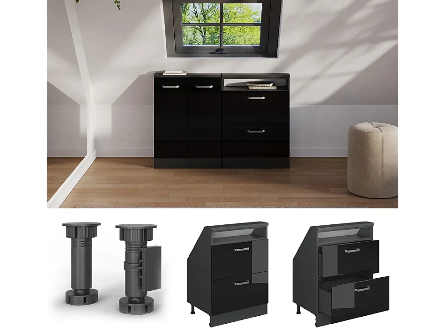 Armário de cozinha para sótão inclinado preto alto brilho 60x46x81.6 r-line