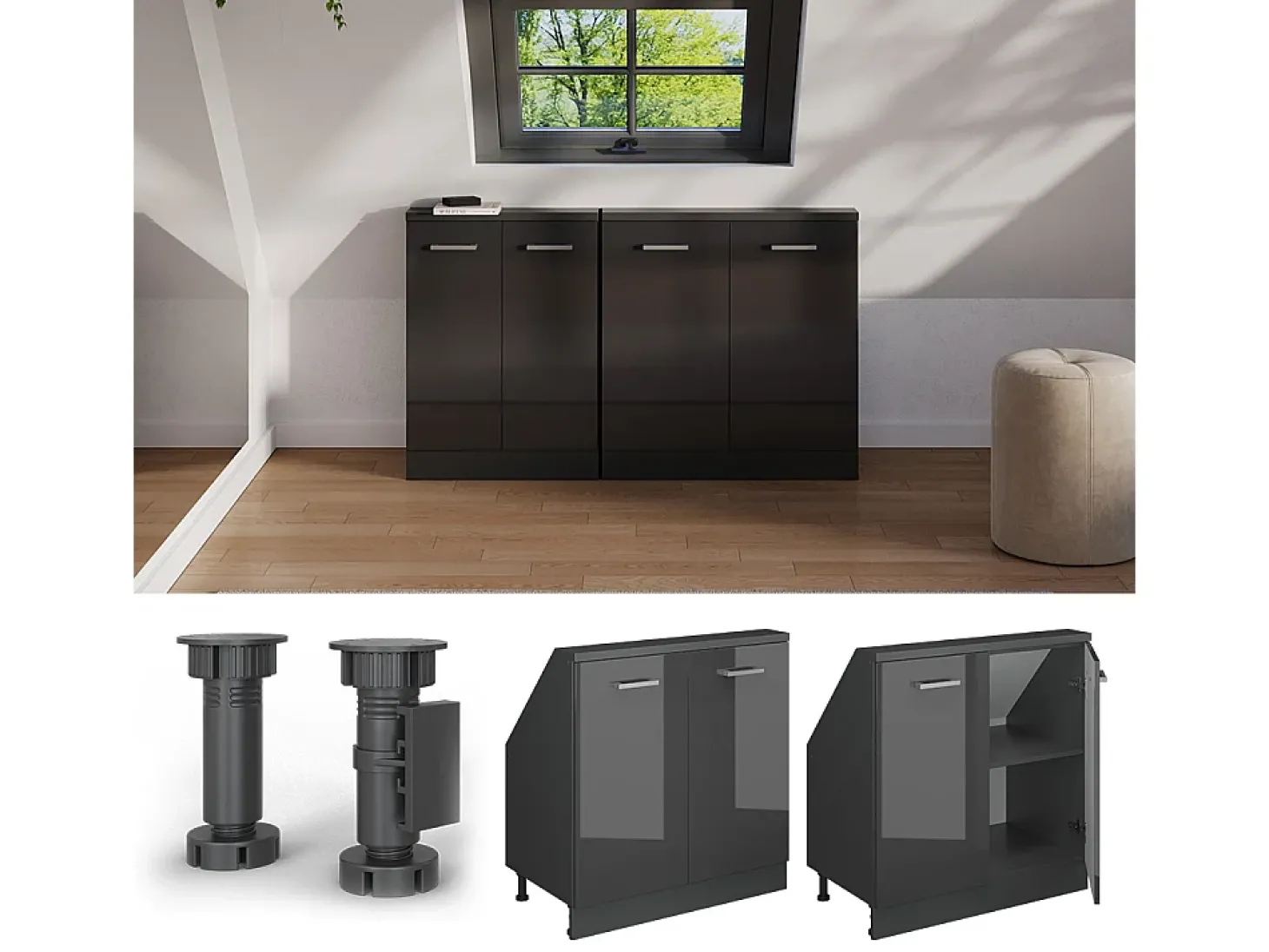 Armário de cozinha para sótão inclinado antracite alto brilho 80x46x81.6 r-line