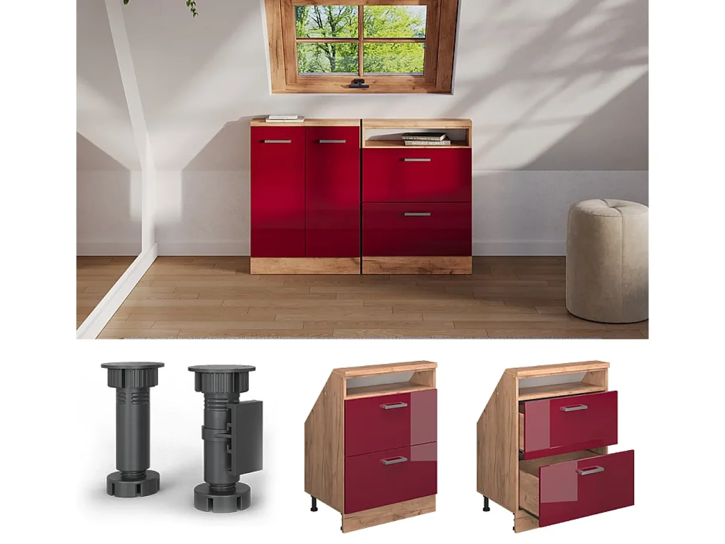 Armário de cozinha para sótão inclinado vermelho alto brilho 60x46x81.6 r-line