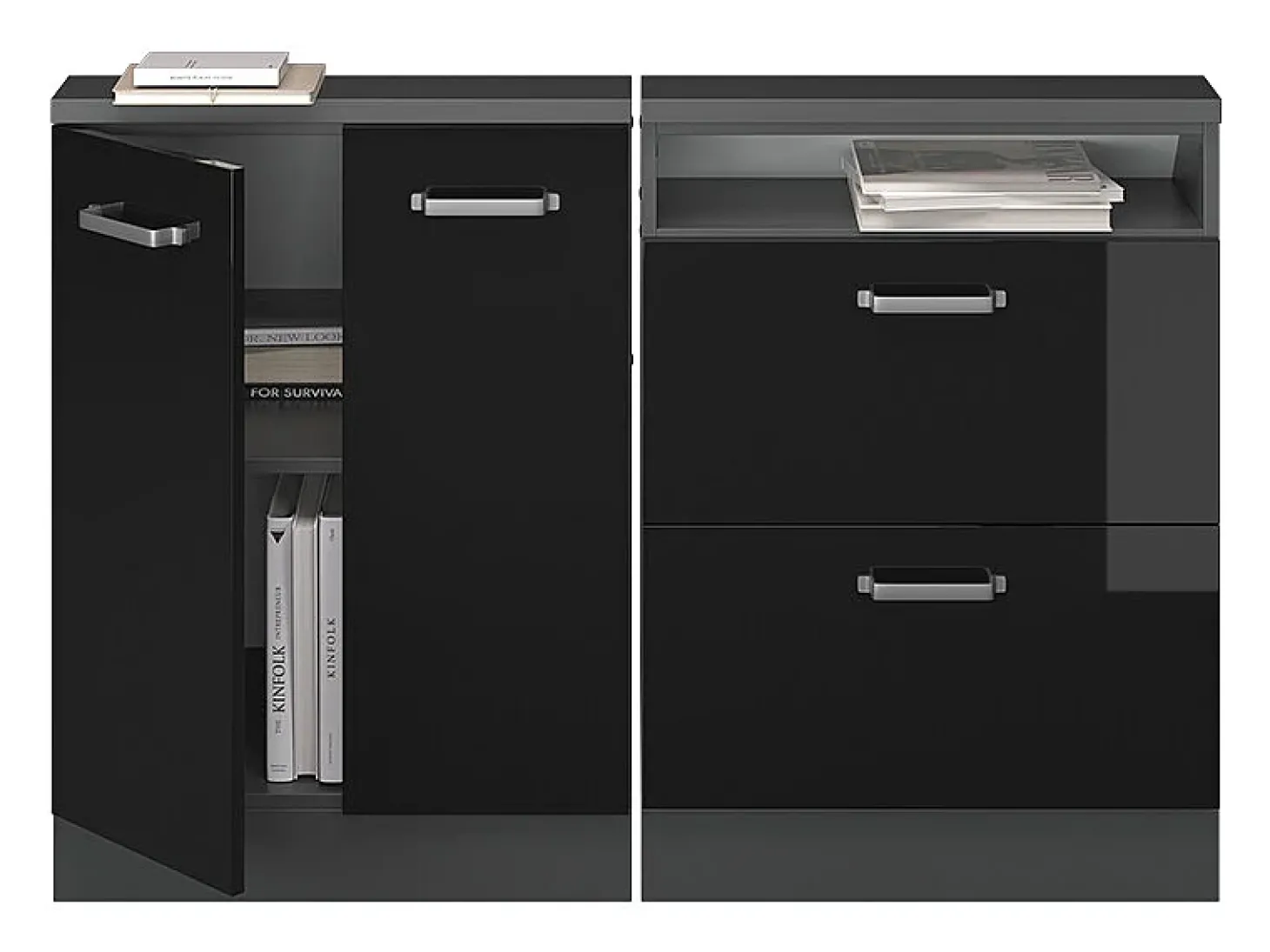 Armário de cozinha para sótão inclinado preto alto brilho 120x46x81.6 r-line