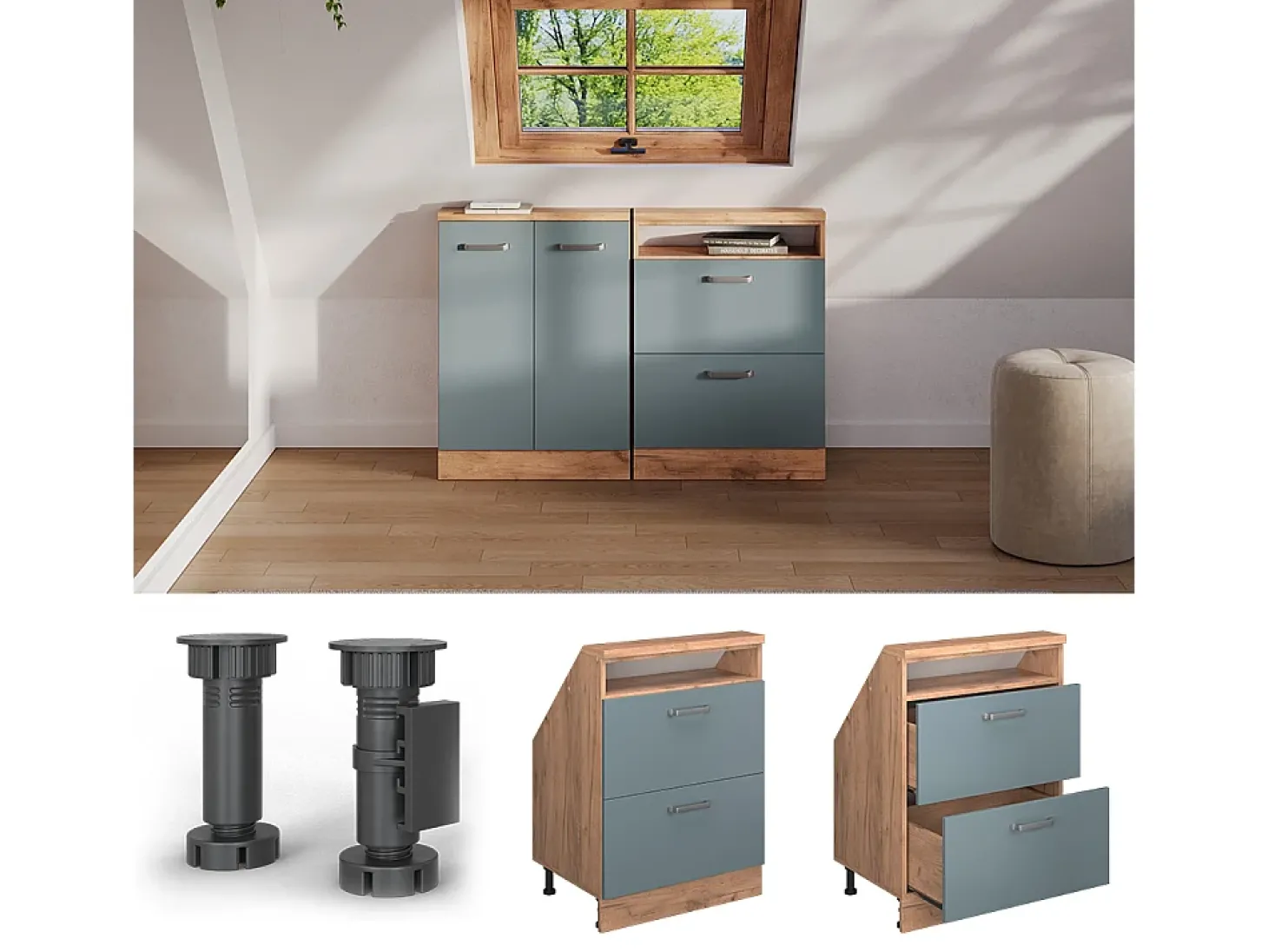 Armário de cozinha para sótão inclinado azul-cinza 60x46x81.6 r-line