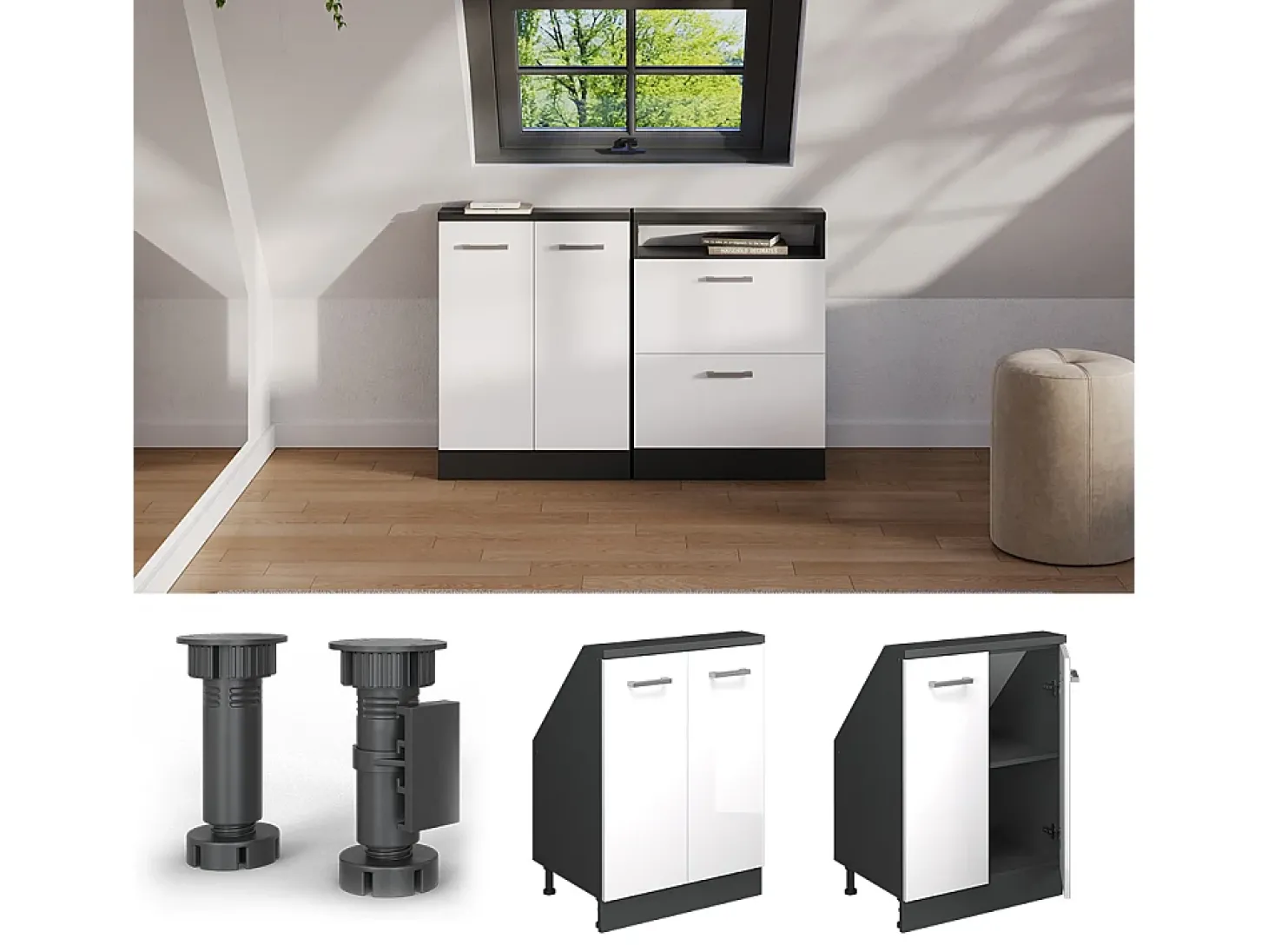 Armário de cozinha para sótão inclinado branco alto brilho 60x46x81.6 r-line