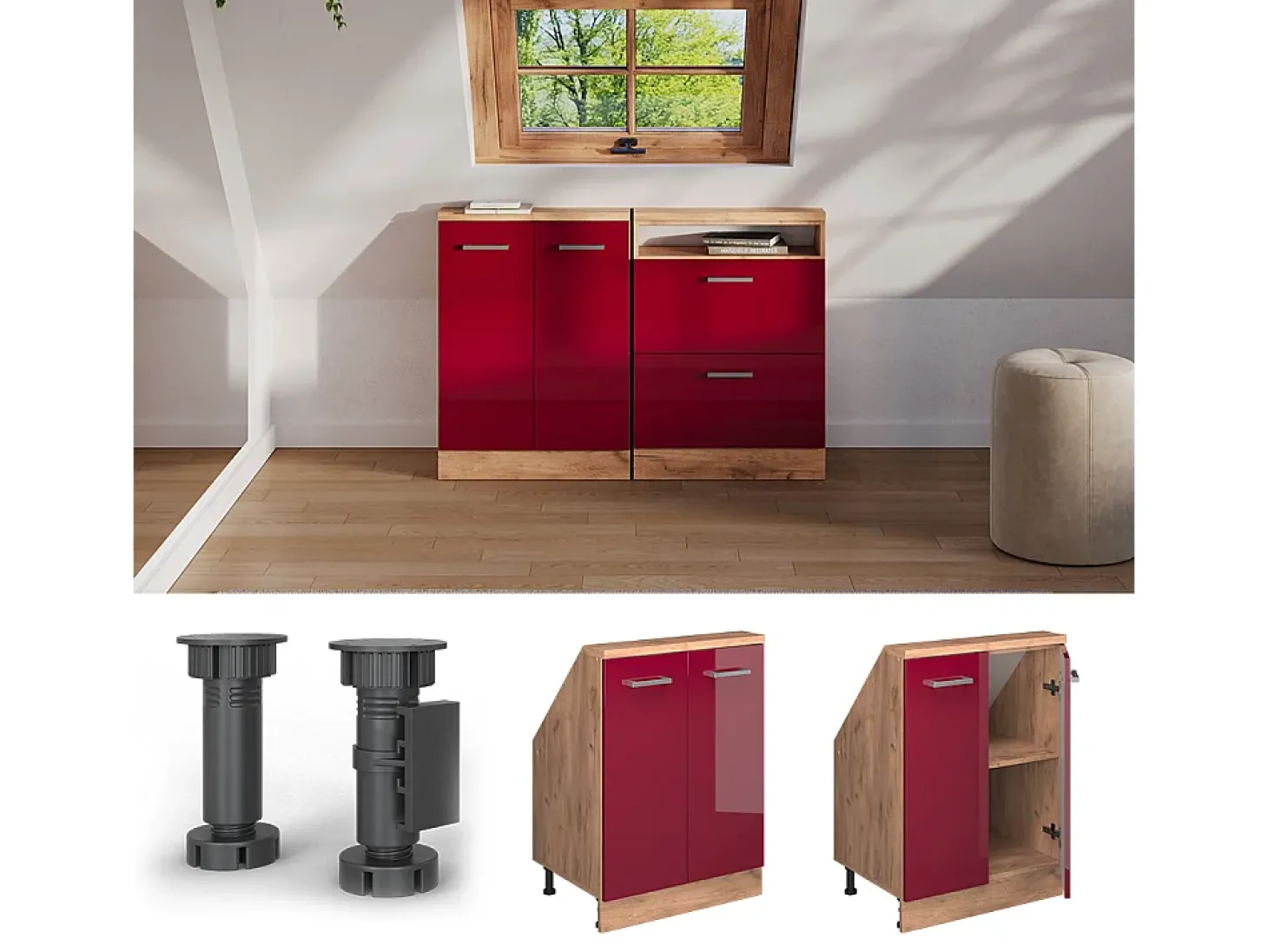 Armário de cozinha para sótão inclinado vermelho alto brilho 60x46x81.6 r-line