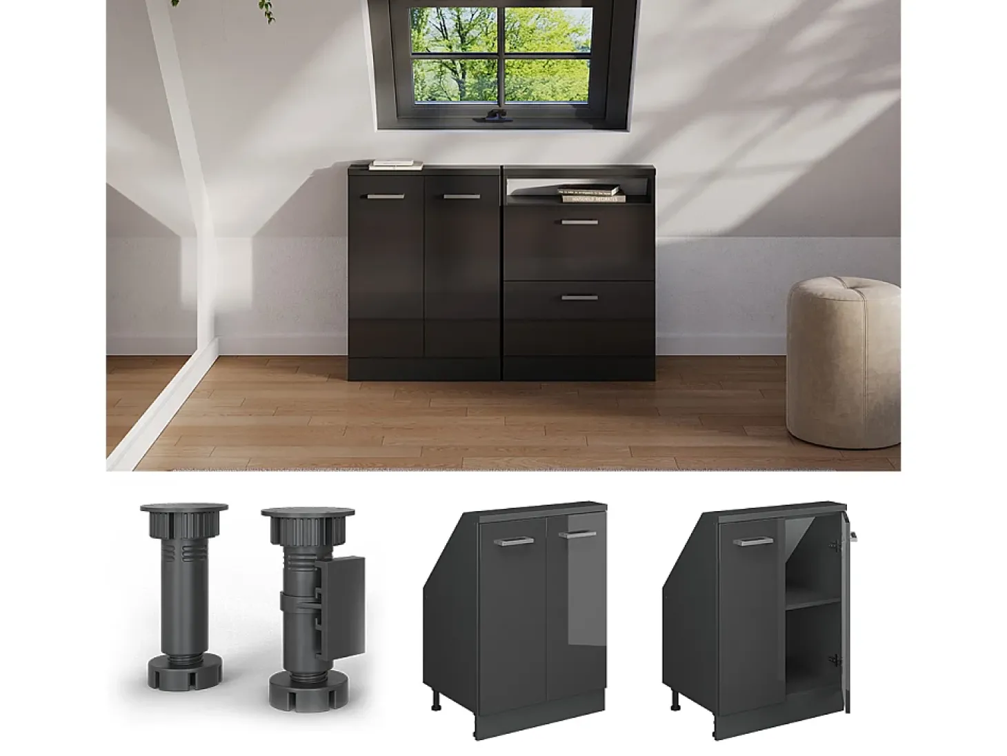 Armário de cozinha para sótão inclinado antracite alto brilho 60x46x81.6 r-line