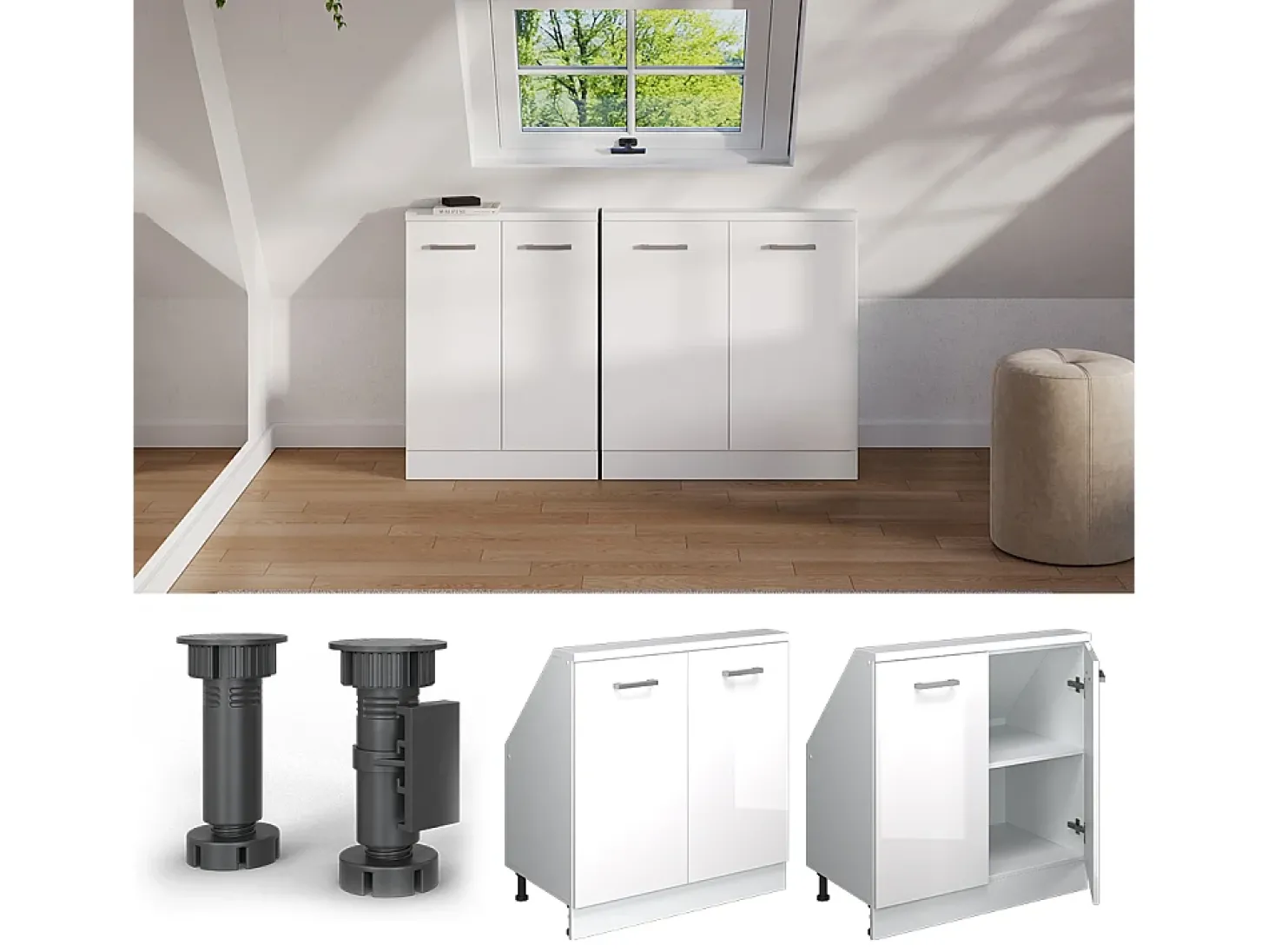 Armário de cozinha para sótão inclinado branco alto brilho 80x46x81.6 r-line
