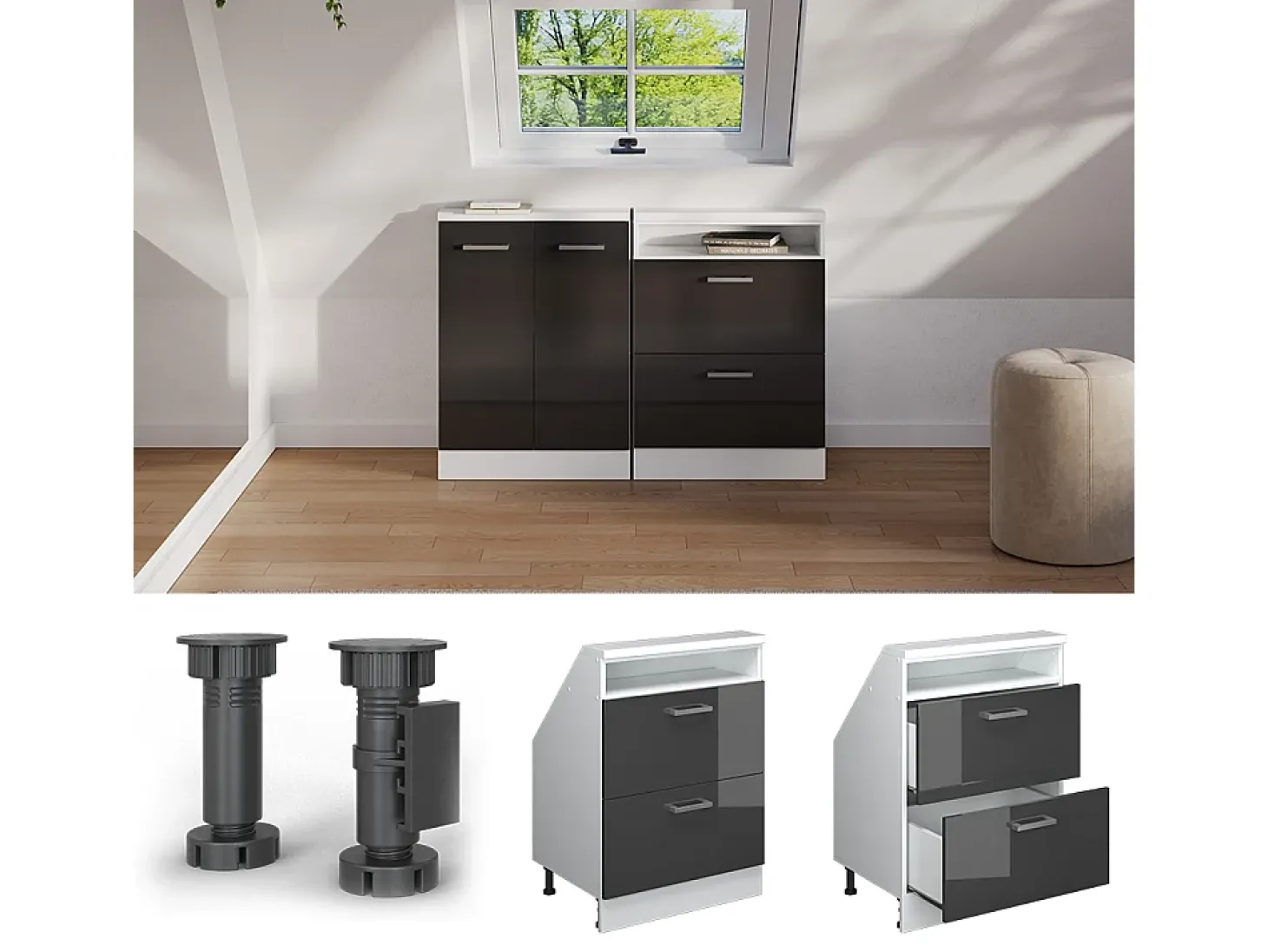 Armário de cozinha para sótão inclinado antracite alto brilho 60x46x81.6 r-line