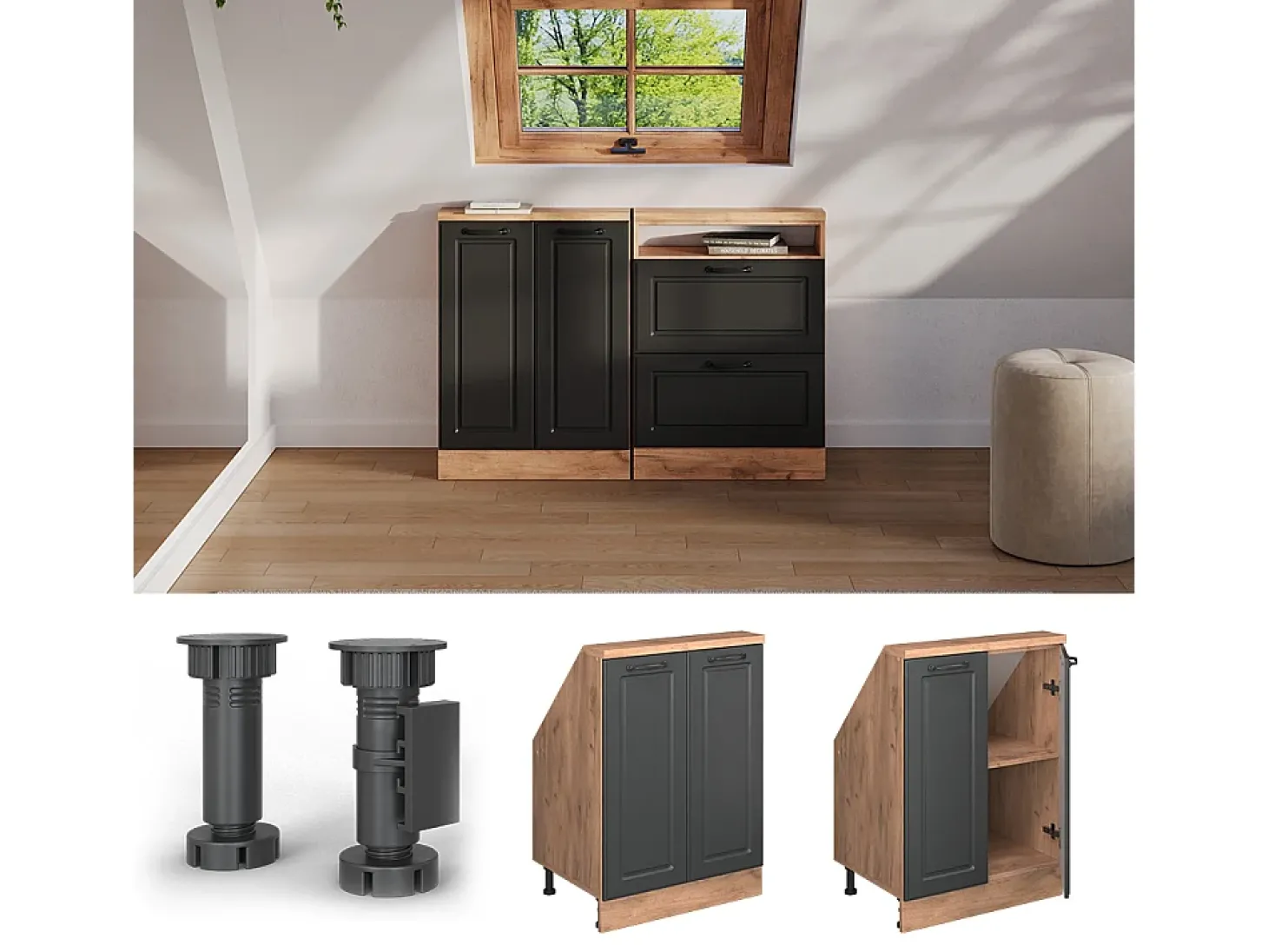 Armário de cozinha para sótão inclinado casa de campo antracite 60x46x81.6 r-line