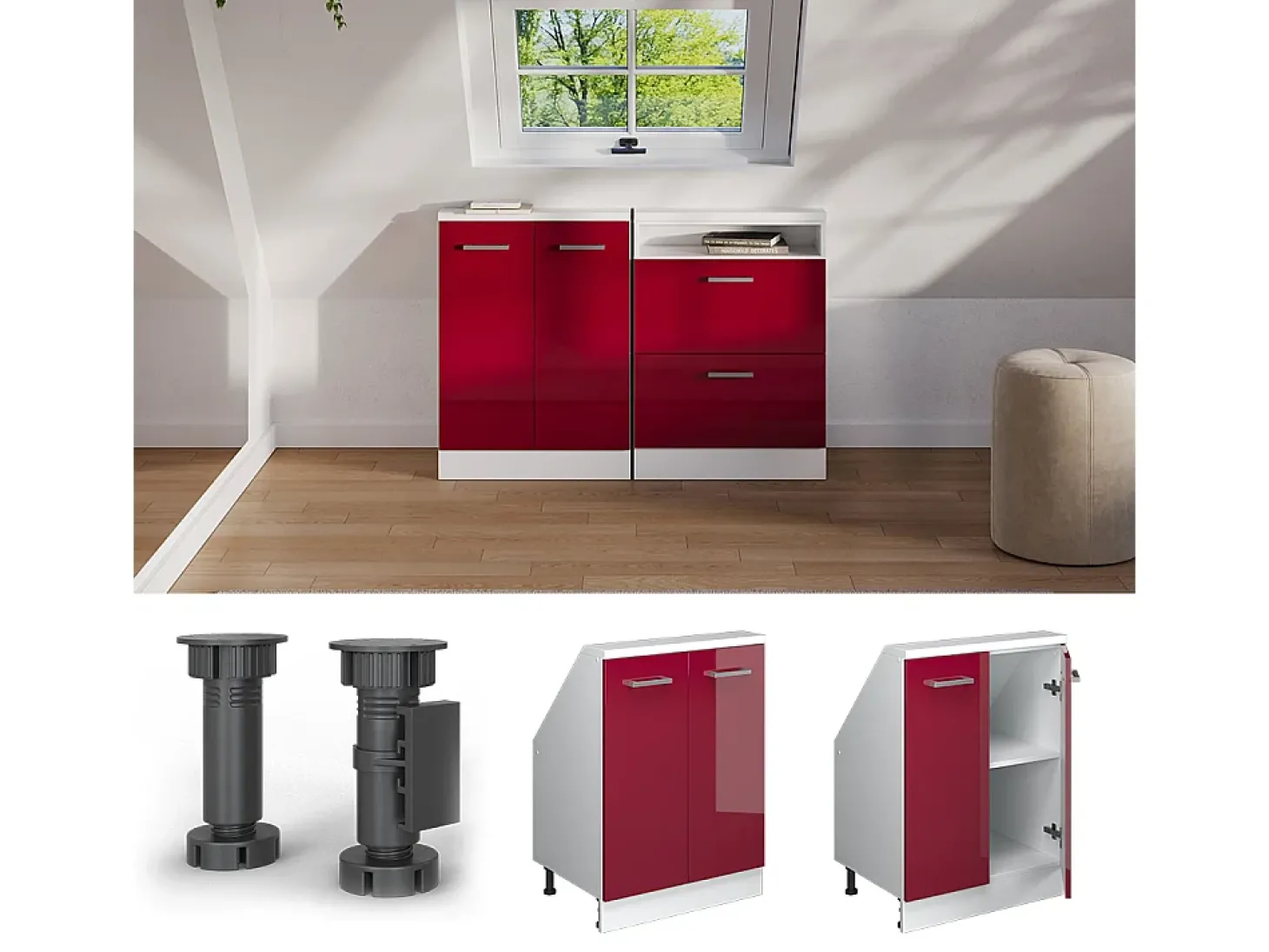 Armário de cozinha para sótão inclinado vermelho brilhante/branco 60x46x81.6 r-line