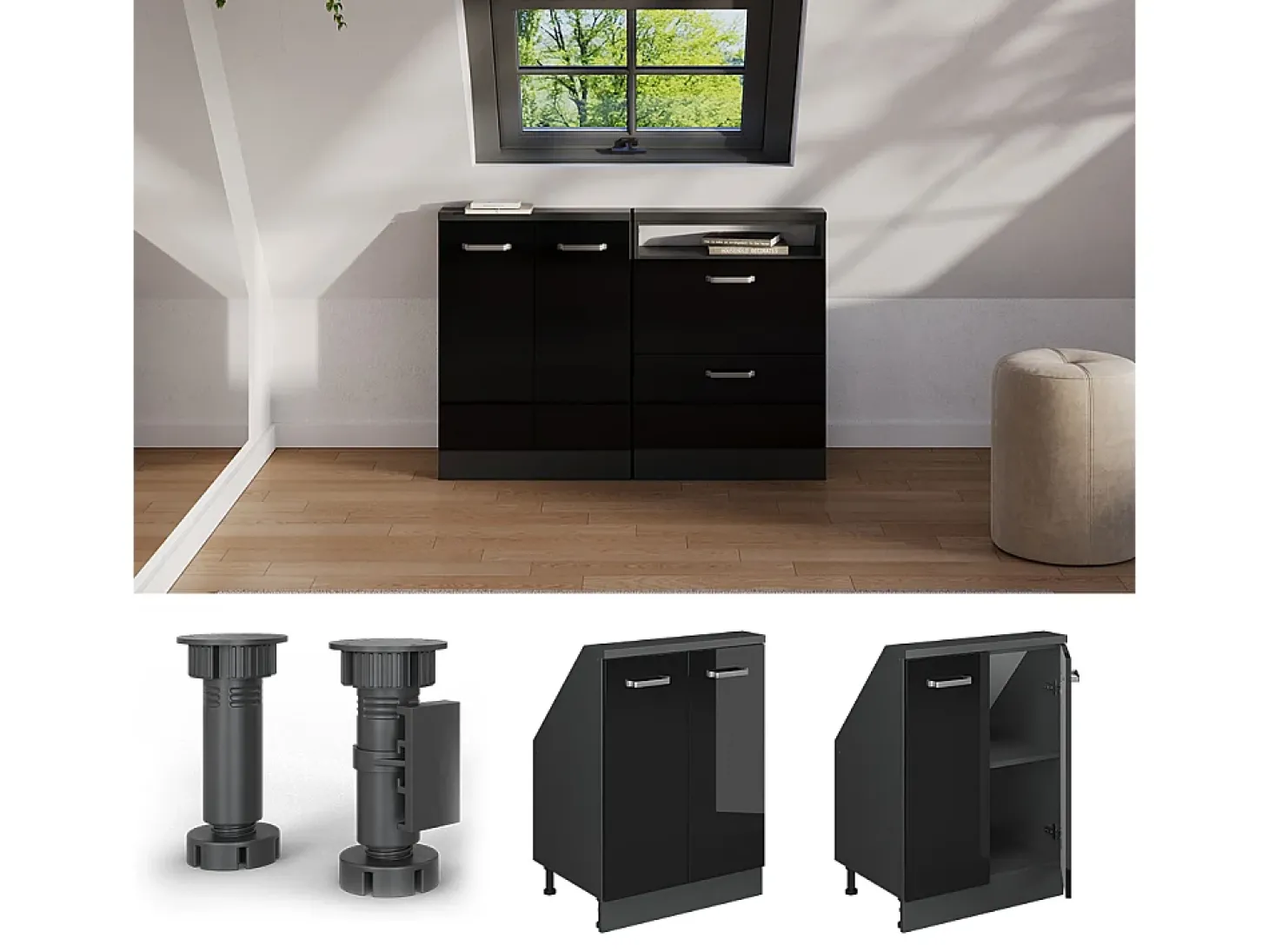 Armário de cozinha para sótão inclinado preto alto brilho 60x46x81.6 r-line