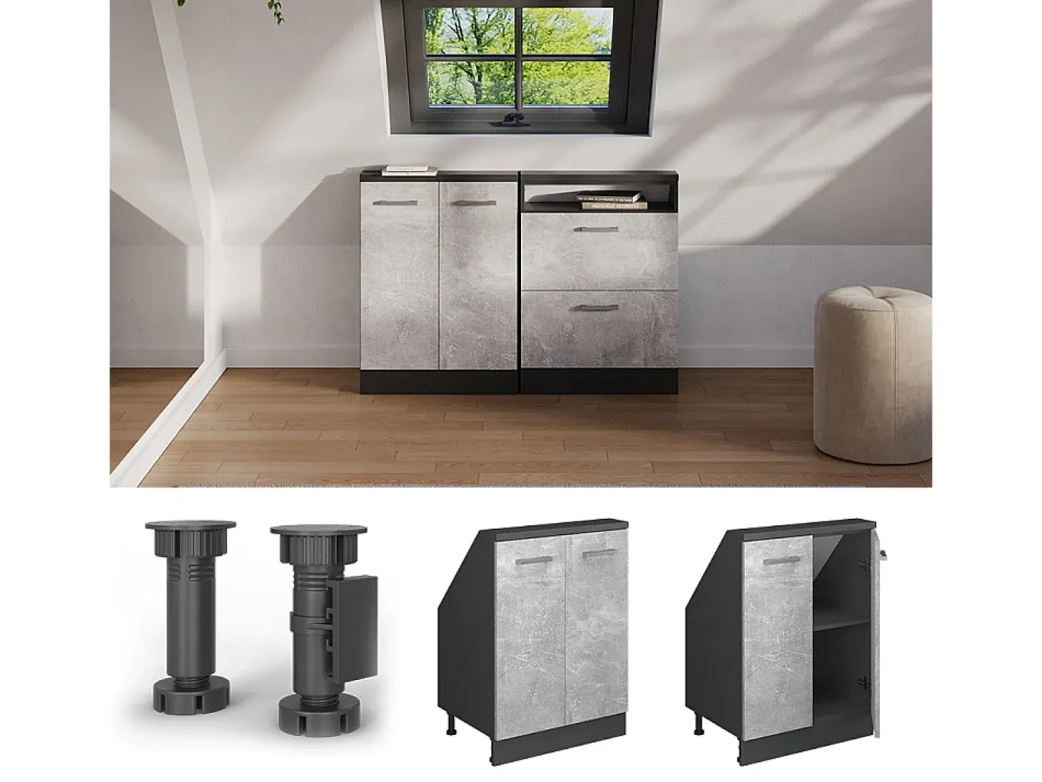 Armário de cozinha para sótão inclinado betão 60x46x81.6 r-line
