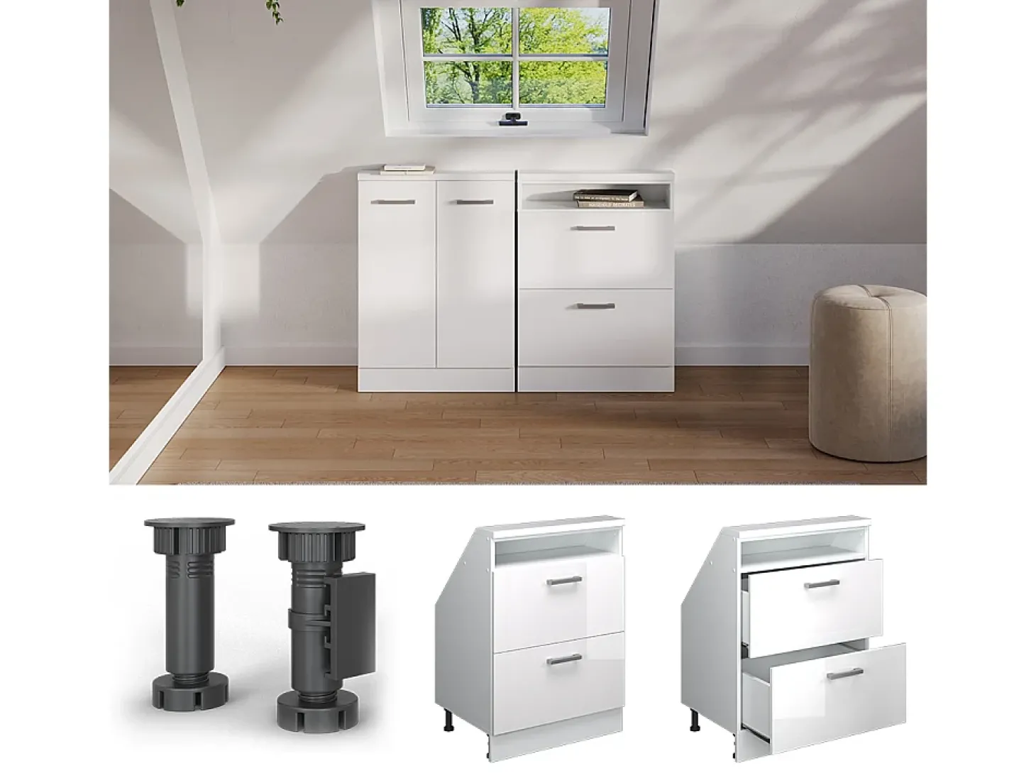 Armário de cozinha para sótão inclinado branco alto brilho 60x46x81.6 r-line