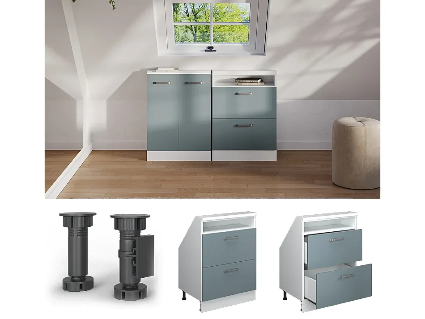 Armário de cozinha para sótão inclinado azul-cinza 60x46x81.6 r-line