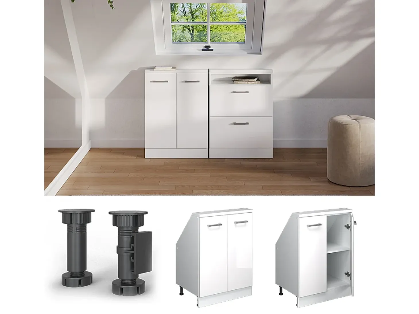 Armário de cozinha para sótão inclinado branco alto brilho 60x46x81.6 r-line