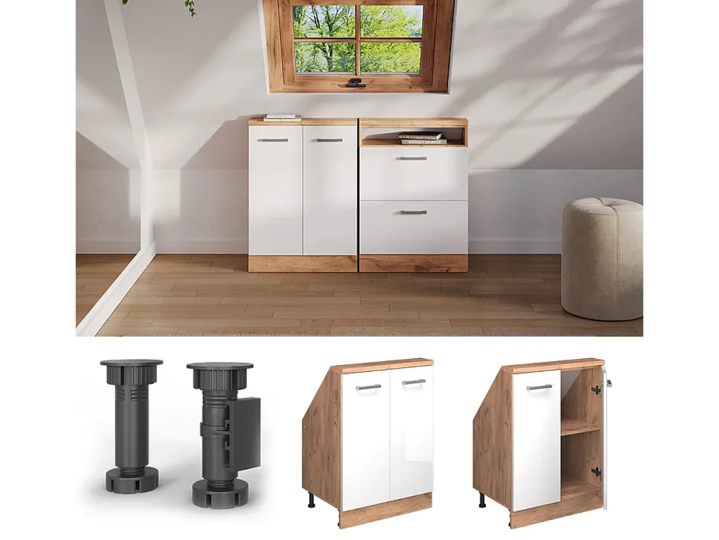 Armário de cozinha para sótão inclinado branco alto brilho 60x46x81.6 r-line