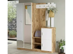 Armário de entrada Dgautier, Entrada de cabide, Composição para átrio, Consola de armazenamento multifunções, 147x38h180 cm, Carvalho e Branco