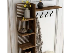Armário de entrada Dghilard, Entrada de cabide, ComposiçãoPara átrio, Consola de armazenamento multifunções, 90x35h200 cm, Noz e Branco