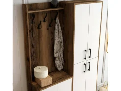 Armário de entrada Dgottard, EntradaCabide, Composição do átrio, Consola de armazenamento multifunções, 120x35h200 cm, Nogueira e Branco