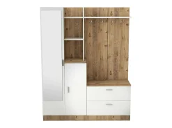 Armário de entrada Dmasiell, Entrada para cabides, Composição para átrio, Consola de armazenamento multifunções, 140x37h182 cm, Carvalho e Branco