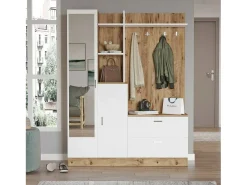 Armário de entrada Dmasiell, Entrada para cabides, Composição para átrio, Consola de armazenamento multifunções, 140x37h182 cm, Carvalho e Branco