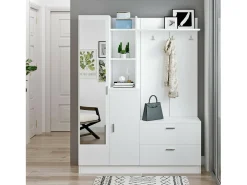 Armário de entrada Dmasiell, Entrada do cabide, Composição do átrio, Consola de armazenamento multifunções, 140x37h182 cm, Branco