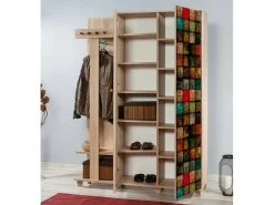 Armário de entrada Dpionett, Entrada de cabide, Composição para o átrio, Console de armazenamento multifuncional, 135x36h194 cm, Carvalho e Multicolorido