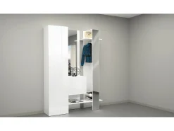Armário de entradaDcriscion, Armário multifuncional com 2 portas, Cabide de parede com 2 espelhos, 140x35h190 cm, Branco