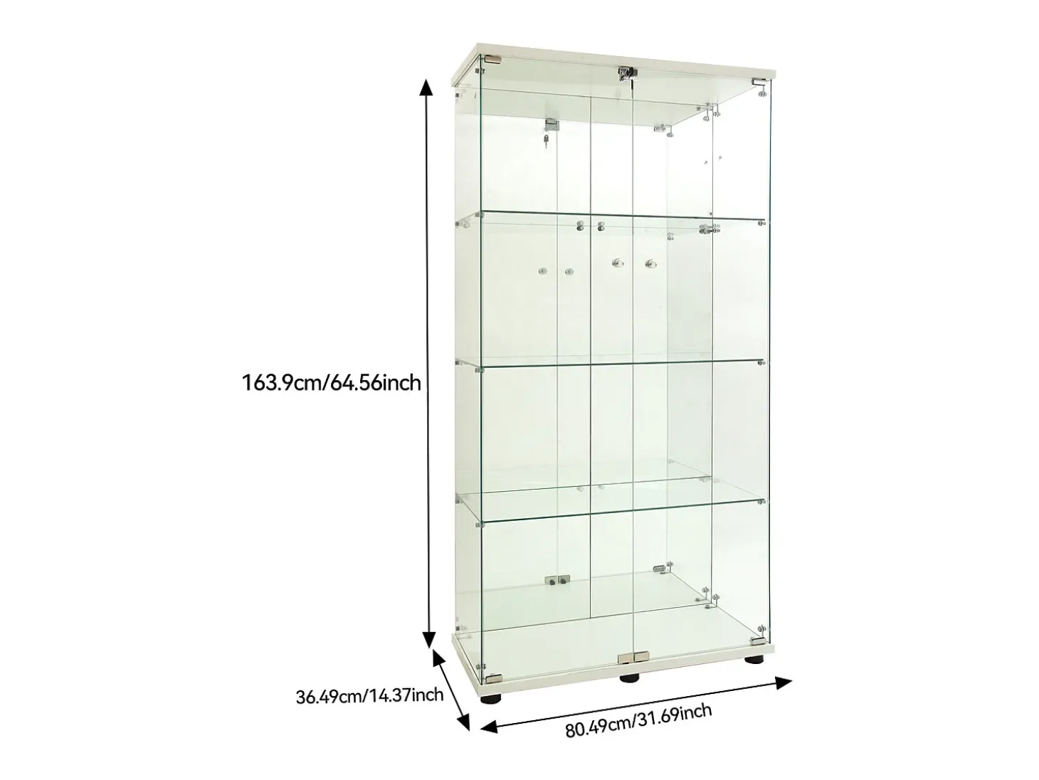 Armário de exposição LED em vidro 4 prateleiras, 80,49 x 36,49 x 163,9 cm, prateleira em vidro com 2 portas, armário de exposição independente, branco