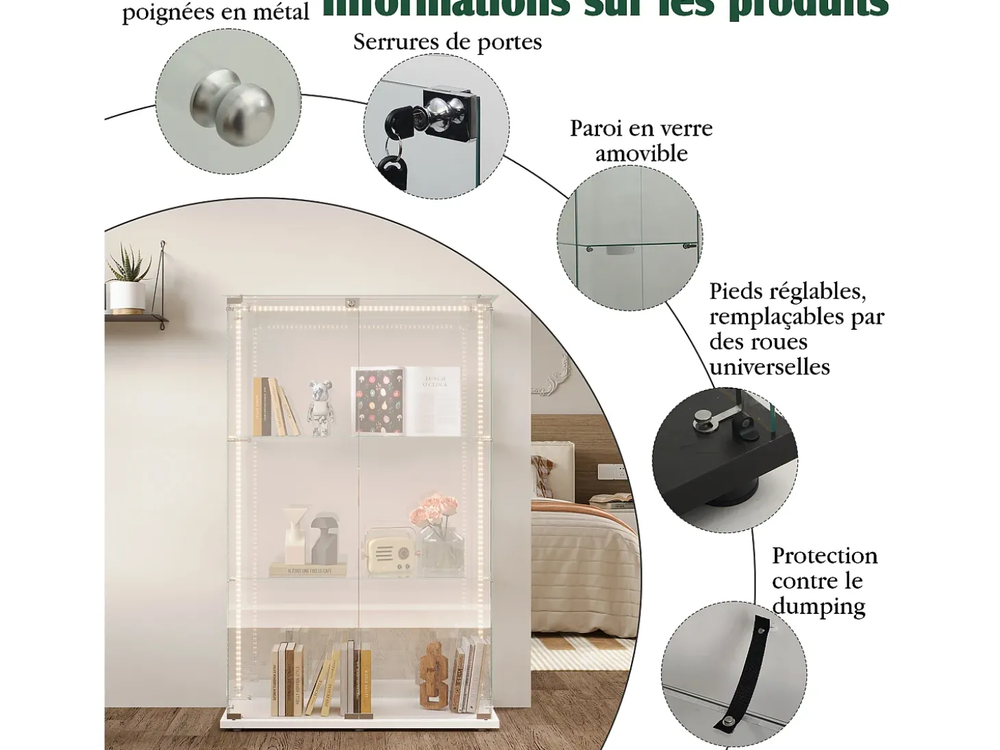 Armário de exposição para sala de estar com 4 prateleiras e portas duplas – Móveis elegantes para sala de estar