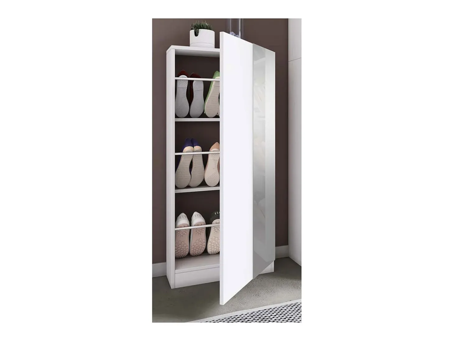 Armário de sapato de madeira VCM | Dimensões: A. 112 x L. 50 x P. 17 cm | 1 Porta giratória | Espelho prático - Espelho Fulisa L (Branco)