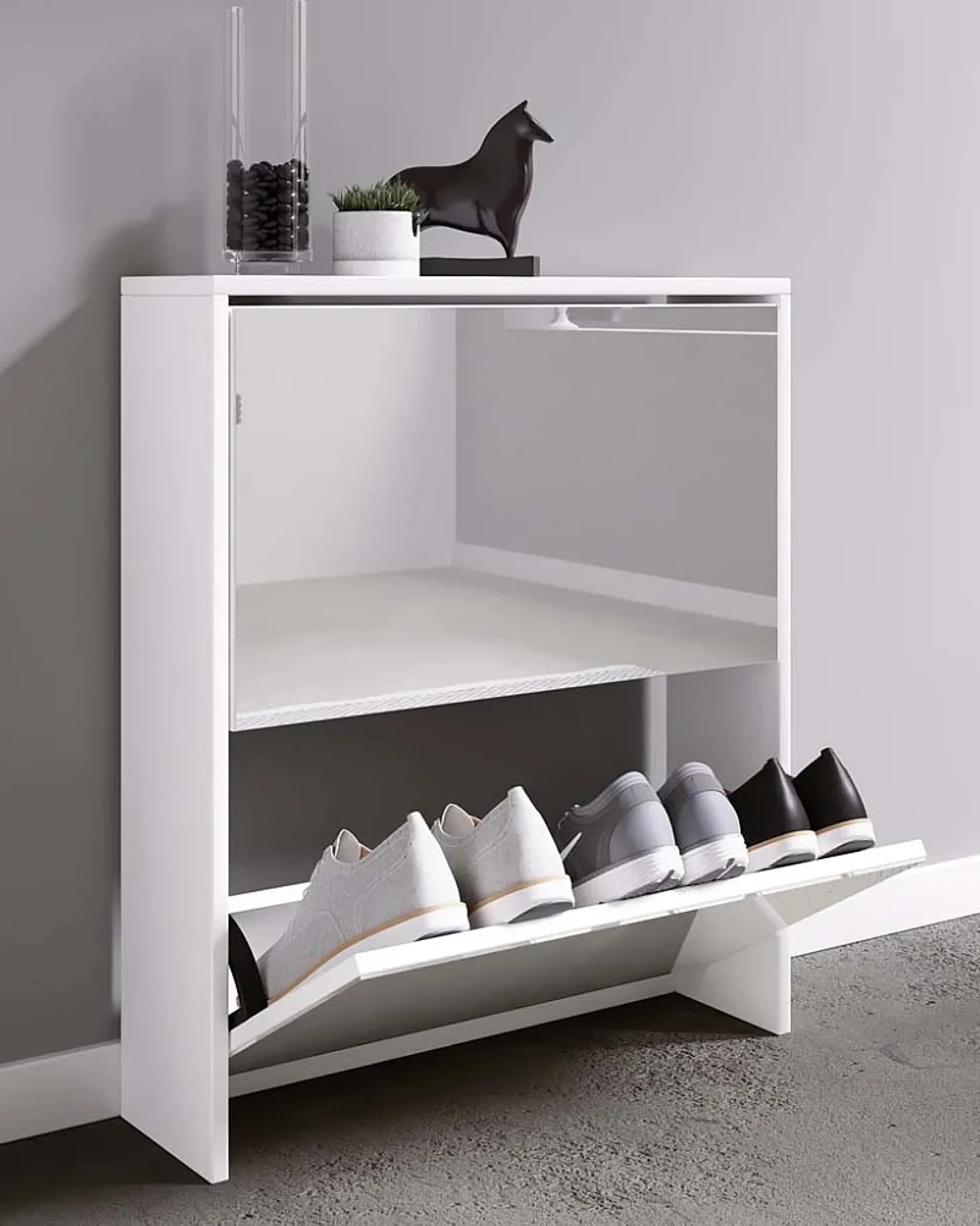 Armário de sapato de madeira VCM | Dimensões: A. 73 x L. 63 x P. 17 cm | 2 abas com espelho - Stido L (Branco)