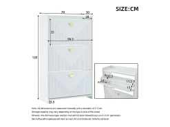 Armário de sapatos branco com 3 portas basculantes e 6 compartimentos.