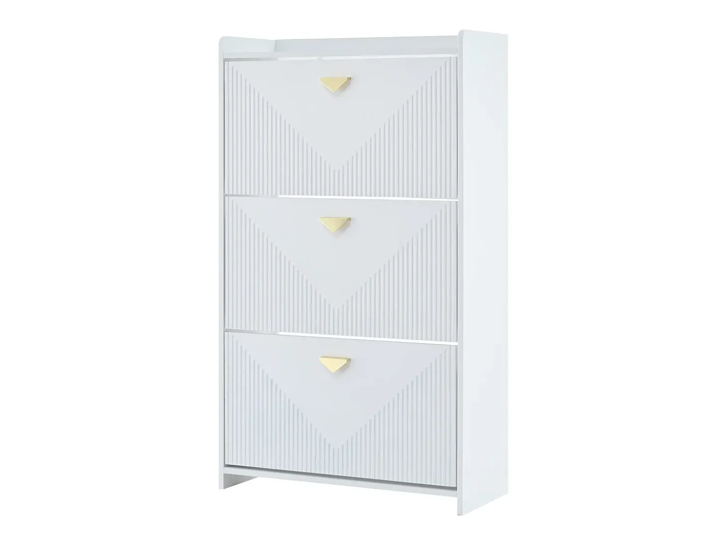 Armário de sapatos branco com 3 portas basculantes e 6 compartimentos.