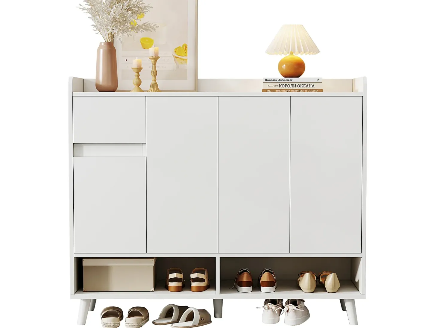 Armário de sapatos moderno 120×35×99 cm - 4 portas e 1 gaveta - branco