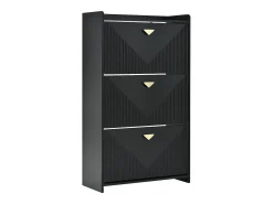 Armário de sapatos preto com 3 portas basculantes e 6 compartimentos.