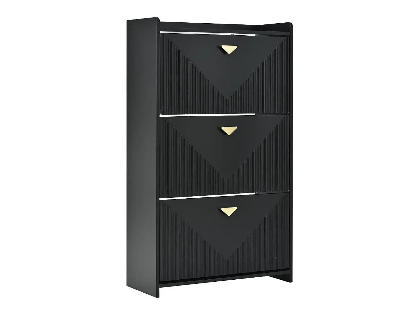 Armário de sapatos preto com 3 portas basculantes e 6 compartimentos.