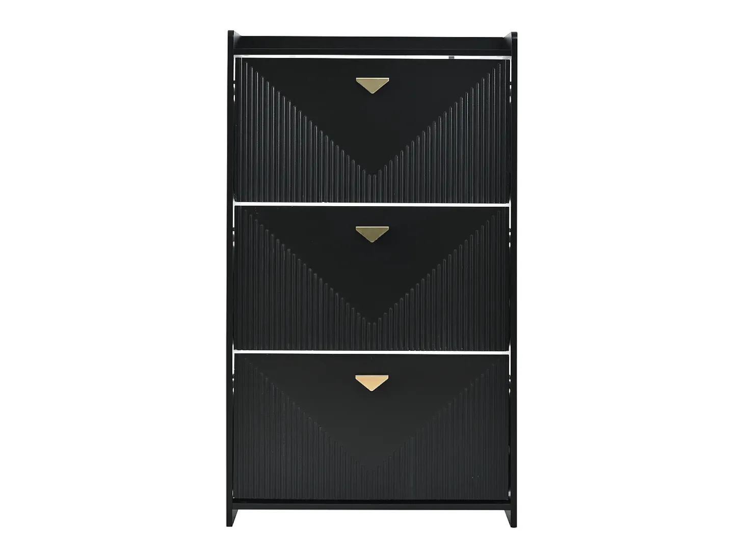 Armário de sapatos preto com 3 portas basculantes e 6 compartimentos.