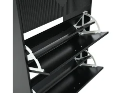 Armário de sapatos preto com 3 portas basculantes e 6 compartimentos.