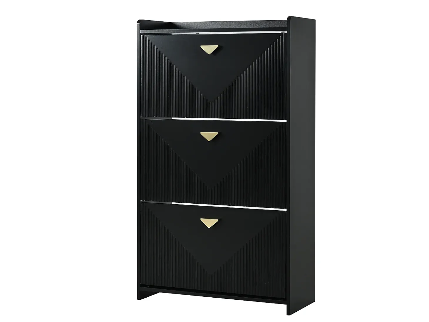 Armário de sapatos preto com 3 portas basculantes e 6 compartimentos.