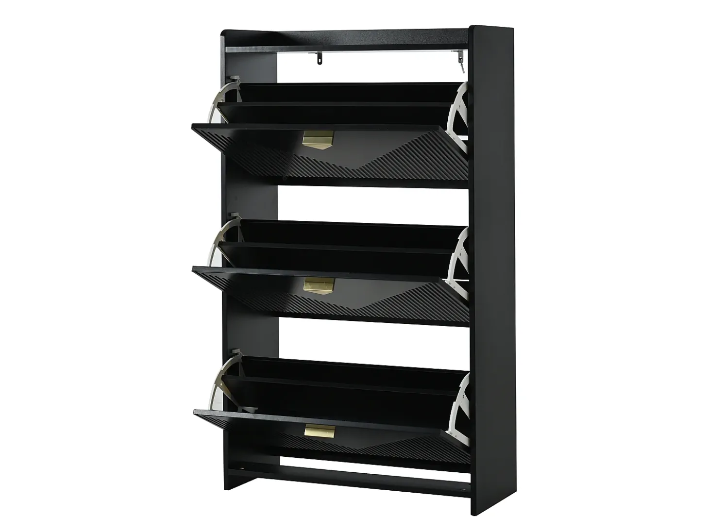 Armário de sapatos preto com 3 portas basculantes e 6 compartimentos.