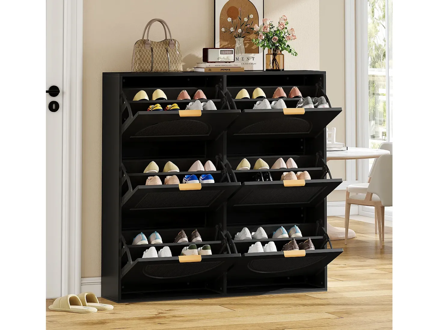 Armário de sapatos preto com 6 portas basculantes, 118x25x115 cm