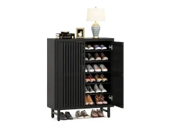 Armário de sapatos preto com seis níveis e portas de persiana, Rack organizador de sapatos em madeira com prateleiras ajustáveis