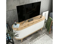 Armário de suporte de TV Desteve, Aparador de sala, Armário de TV baixo, Base de parede equipada, 140x43h64 cm, Carvalho e Branco