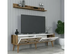 Armário de suporte de TV Daanesta, Aparador de sala, Armário de TV baixo, Base de parede equipada, 140x45h35 cm, Nogueira e Branco