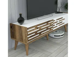 Armário de suporte de TV Daanesta, Aparador de sala, Armário de TV baixo, Base de parede equipada, 140x45h35 cm, Nogueira e Branco
