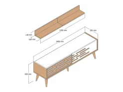 Armário de suporte de TV Daanesta, Aparador de sala, Armário de TV baixo, Base de parede equipada, 140x45h35 cm, Nogueira e Branco